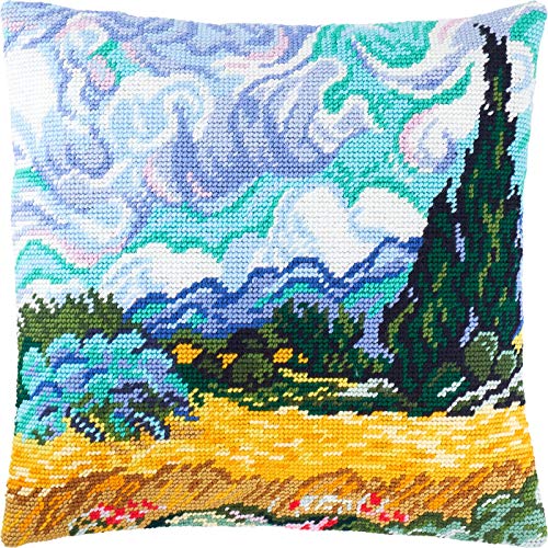Brvsk Landscape Embroidery Kit for Adults and Beginners — Wheat Field with Cypresses by Vincent Van Gogh 16″ × 16″ with Clear, Precise Printed Design on Cotton Canvas; Includes Needles and Yarn - Image 1