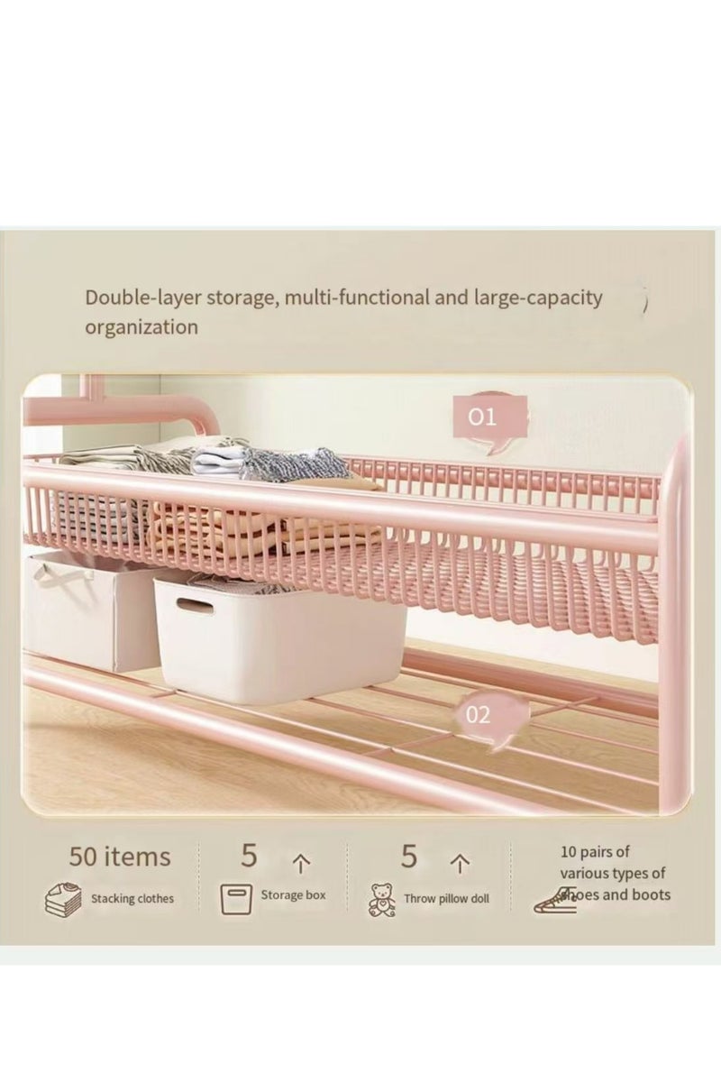 رف الملابس المتداول مع سلة التخزين، حامل الملابس المعدنية مع العجلات، إطار معدني قوي، قضيب قابل للتعديل، تصميم موفر للمساحة، وردي - Image 4
