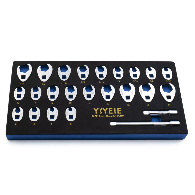 YIYEIE 3/8" Drive Crows Foot Wrench Set, 24PCS Flare Nut Crowfoot Wrench Set, Metric & SAE, 8-22mm & 5/16"-7/8", CR-V Steel, Crows Feet Wrench Set with 2 Extension Bars, Line Wrench Set with EVA Foam - Image 1
