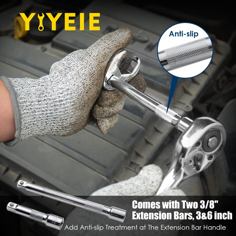YIYEIE 3/8" Drive Crows Foot Wrench Set, 24PCS Flare Nut Crowfoot Wrench Set, Metric & SAE, 8-22mm & 5/16"-7/8", CR-V Steel, Crows Feet Wrench Set with 2 Extension Bars, Line Wrench Set with EVA Foam - Image 5