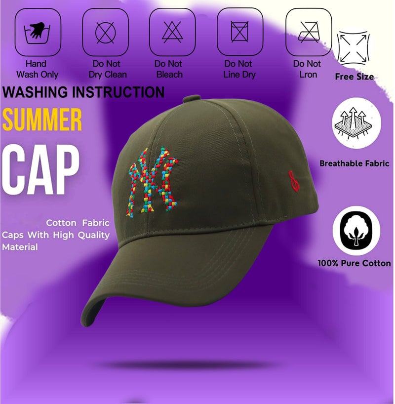 REFFER NY Baseball Caps Stylish Design Cotton Cap for Men and Women - Adjustable Buckle, Summer, Cricket, Gym, Sports (Olive Green Mix) - Image 3