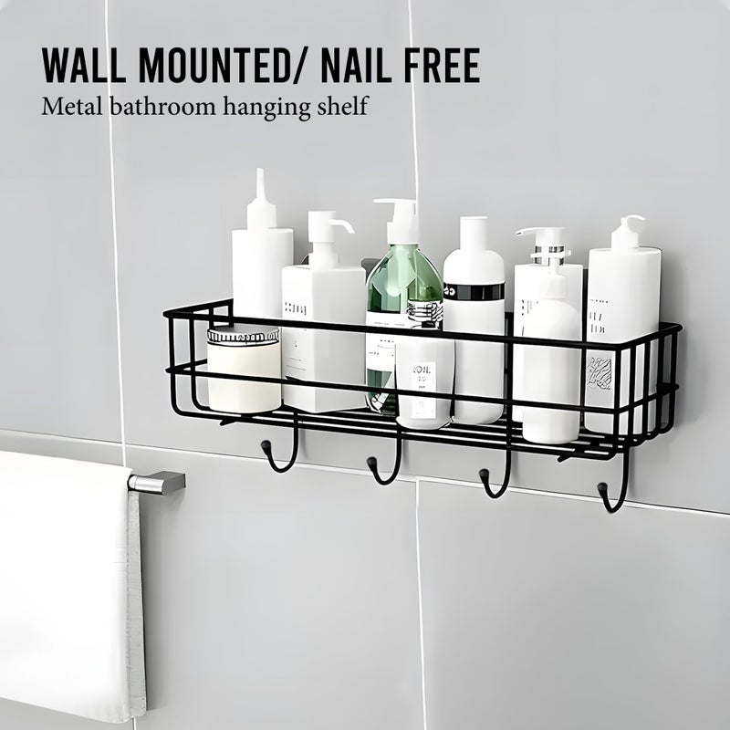 Kuber Industries 2 Pcs Metal Self Adhesive Bathroom Organiser with Drill Screws & 4 Hooks | Bathroom Stand/Rack for Shampoo | Bath Accessories Holder for Wall Adhesive | Black - Image 2