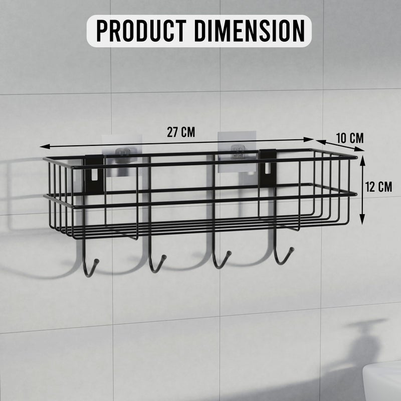 Kuber Industries 2 Pcs Metal Self Adhesive Bathroom Organiser with Drill Screws & 4 Hooks | Bathroom Stand/Rack for Shampoo | Bath Accessories Holder for Wall Adhesive | Black - Image 3