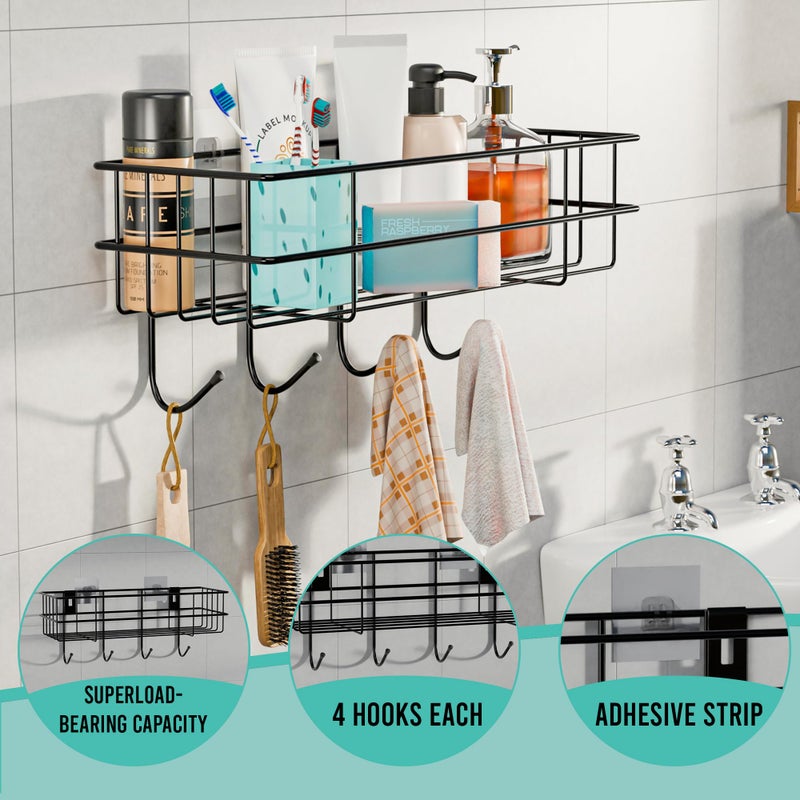 Kuber Industries 2 Pcs Metal Self Adhesive Bathroom Organiser with Drill Screws & 4 Hooks | Bathroom Stand/Rack for Shampoo | Bath Accessories Holder for Wall Adhesive | Black - Image 4