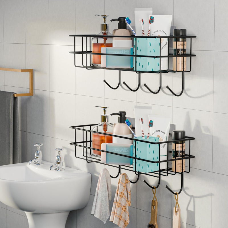 Kuber Industries 2 Pcs Metal Self Adhesive Bathroom Organiser with Drill Screws & 4 Hooks | Bathroom Stand/Rack for Shampoo | Bath Accessories Holder for Wall Adhesive | Black - Image 1