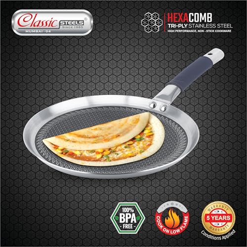 Classic Steels Hexa Comb Triply Dosa Tawa 30cm | 2.5mm Thick, Non-Stick, Induction & Gas Compatible, Stainless Steel Dosa Tawa for Crispy Dosas & Healthy Cooking | Durable Stay Cool Silicon Handle - Image 2