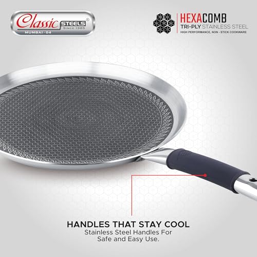 Classic Steels Hexa Comb Triply Dosa Tawa 30cm | 2.5mm Thick, Non-Stick, Induction & Gas Compatible, Stainless Steel Dosa Tawa for Crispy Dosas & Healthy Cooking | Durable Stay Cool Silicon Handle - Image 5