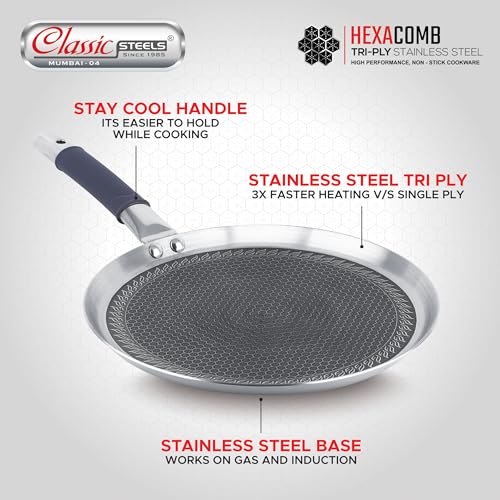Classic Steels Hexa Comb Triply Dosa Tawa 30cm | 2.5mm Thick, Non-Stick, Induction & Gas Compatible, Stainless Steel Dosa Tawa for Crispy Dosas & Healthy Cooking | Durable Stay Cool Silicon Handle - Image 3
