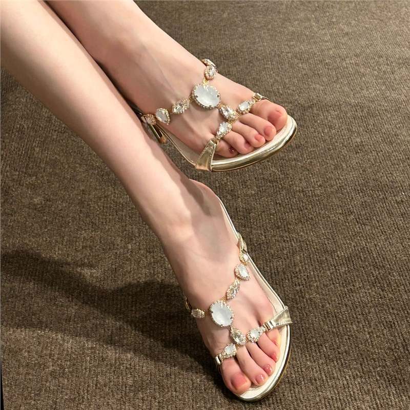 Rhinestone Round Toe Ankle Strap High Heel Sandals - Image 5