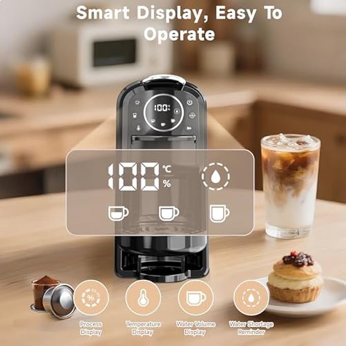 باميدي ماكينة صنع قهوة كبسولة 3 في 1، ضغط عالي 20 بار، درجة حرارة قابلة للتعديل 55100 درجة مئوية، خزان مياه قابل للفصل 700 مل، شاشة LED ذكية، صغيرة الحجم للاستخدام المنزلي والمكتب والسفر - Image 4