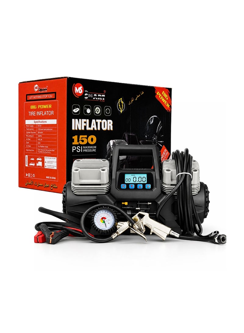 MR.SMART 4 Cylinder Portable Tire Inflator Air Compressor, 150 PSI Heavy Duty Air Pump, 400 LPM Fast Inflation, Digital Pressure Display, Auto Shut-Off, 12V Car Tyre Pump for SUV, Pickup, 4x4 & Truck - Image 1