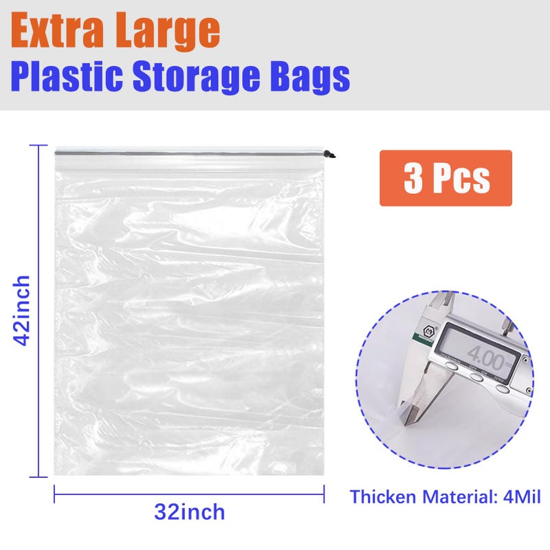 NVAAV 32x42 Inch Extra Large Clear Drawstring Plastic Bags 3 Pack(4 Mils), Dustproof Moistureproof Reusable Big Giant Luggage Storage Bag for Suitcase Garage Organizer, Blanket, Plush Toys - Image 2