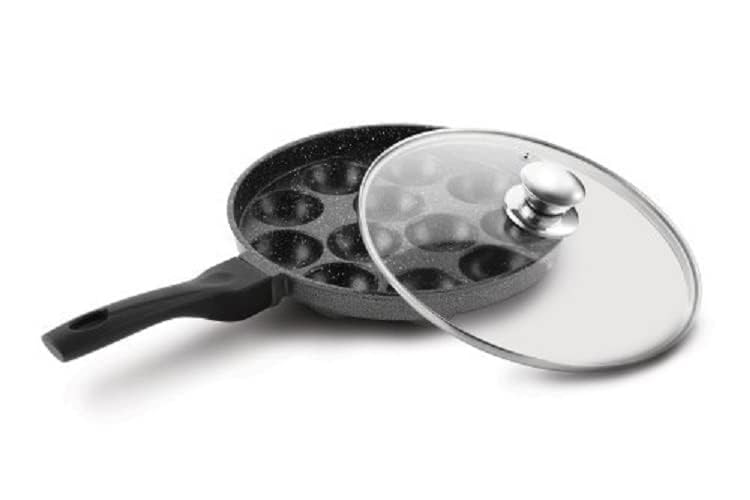 KARVA GROUP KARVA GROUP NonStick Heavy Duty Aluminium Single Bakelite Handle Appam Patra Paniyarakkal Paniyaram Appe Maker Appam Pan for Cooking Purpose Pan Cake Maker with Glass Lid  - Image 2