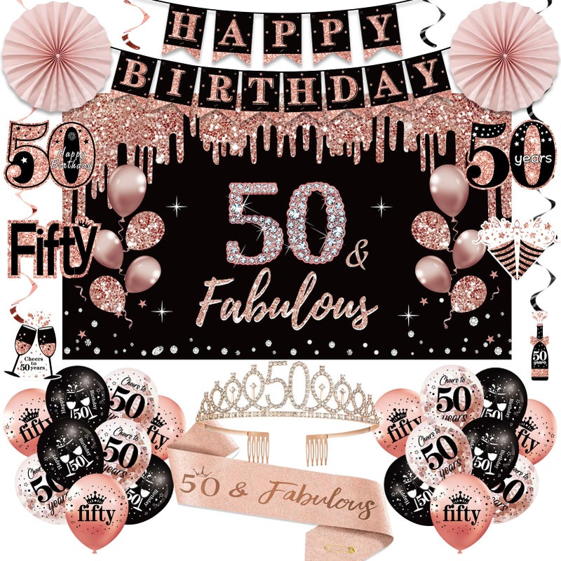 Uiorgui 50th Birthday Decorations for Women 33pcs 50th Birthday Crown and Sash Black Rose Gold Happy 50th Birthday Banner Balloons Backdrop Hanging Swirls Paper Fans 50 Years Old Birthday Decorations Kit - Image 2