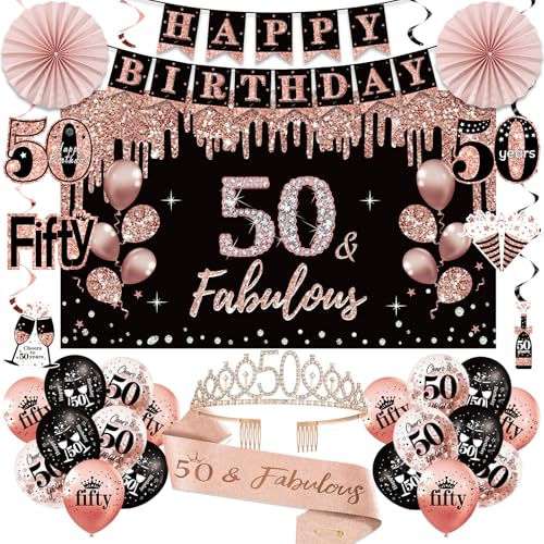 Uiorgui 50th Birthday Decorations for Women 33pcs 50th Birthday Crown and Sash Black Rose Gold Happy 50th Birthday Banner Balloons Backdrop Hanging Swirls Paper Fans 50 Years Old Birthday Decorations Kit - Image 1