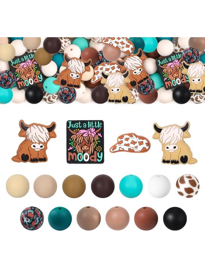 AELUUAKE 73Pcs Highland Cow Silicone Beads 15mm Round Silicone Beads Bulk Western Cow Brown Silicone Focal Beads Cow Rubber Beads DIY Crafts Loose Spacer Beads for Pens Keychains Bracelet Necklace Making - Image 1
