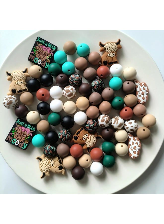 AELUUAKE 73Pcs Highland Cow Silicone Beads 15mm Round Silicone Beads Bulk Western Cow Brown Silicone Focal Beads Cow Rubber Beads DIY Crafts Loose Spacer Beads for Pens Keychains Bracelet Necklace Making - Image 2
