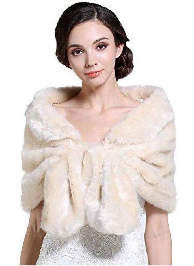 Aukmla - Aukmla Women's Brown Faux Fur Shawl Wedding Fur Wraps and Shawls Bridal Fur Stoles Scarf with Rhinestones Brooch for Bride and Bridesmaids (Ivory, US 16-22 (L-2XL)) - Image 1