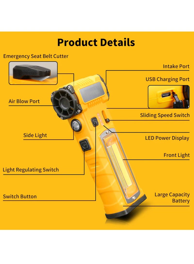 بلو فاير مروحة كيلات التوربو المصغّرة المطوّرة بقوة 130,000 دورة في الدقيقة – مروحة يدوية لاسلكية ببطارية 5000 مللي أمبير، مع 4 فوهات، قاطع أحزمة مقاعد، قاعدة مغناطيسية وإضاءة أمامية/جانبية – مروحة نفخ/شفط محمولة للسيارة، المنزل، المكتب، التخييم (أصفر، ABS + معدن) - Image 4