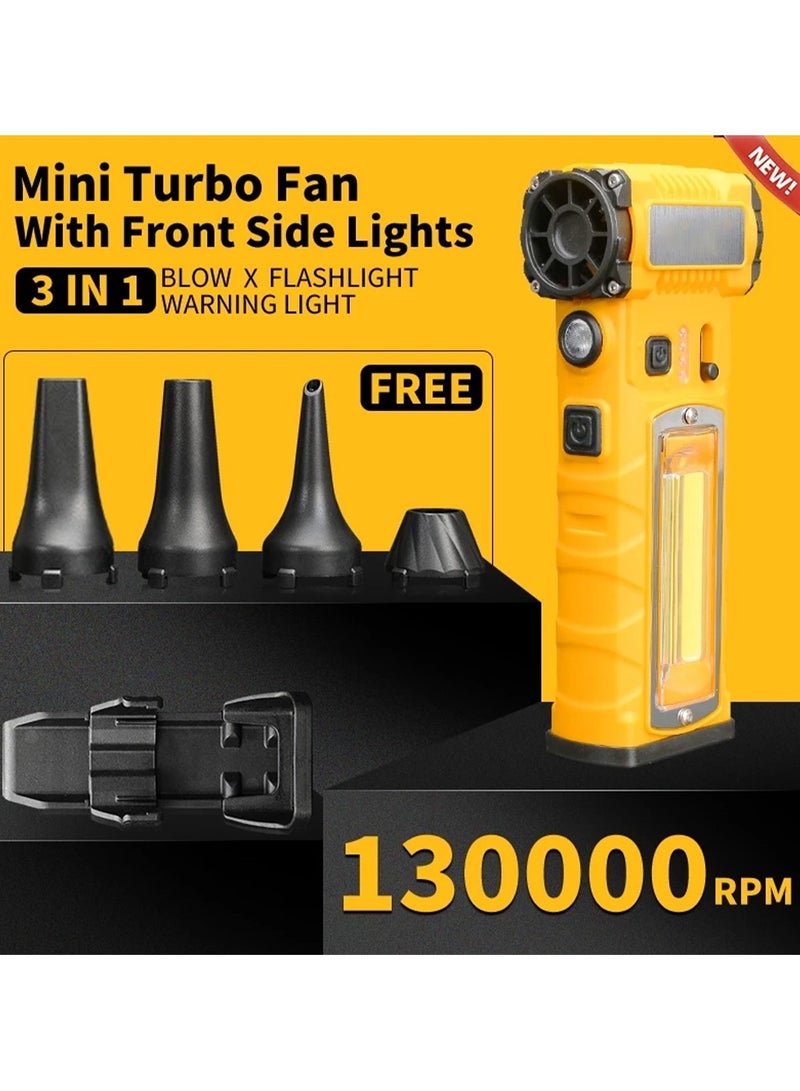 بلو فاير مروحة كيلات التوربو المصغّرة المطوّرة بقوة 130,000 دورة في الدقيقة – مروحة يدوية لاسلكية ببطارية 5000 مللي أمبير، مع 4 فوهات، قاطع أحزمة مقاعد، قاعدة مغناطيسية وإضاءة أمامية/جانبية – مروحة نفخ/شفط محمولة للسيارة، المنزل، المكتب، التخييم (أصفر، ABS + معدن) - Image 3