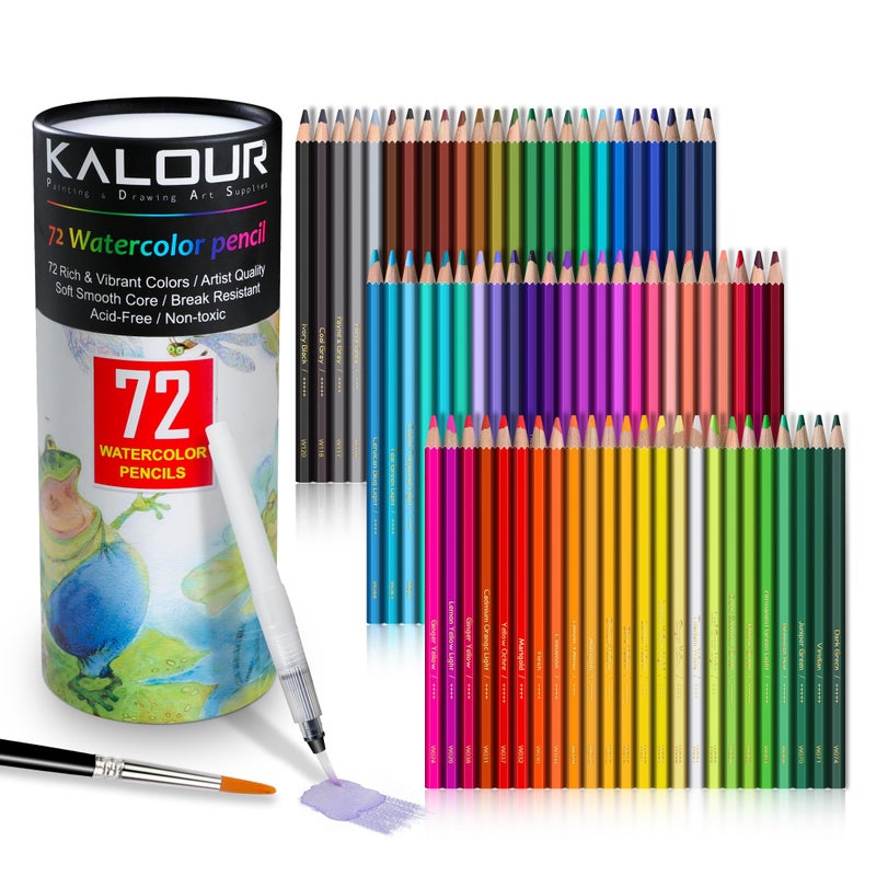 KALOUR 72-Color Professional Watercolor Pencils Set with Brush and Water Brush Pen, Hexagonal Shape, Blendable Wet or Dry, Water-Soluble Colored Pencils for Artists and Beginners - Image 1