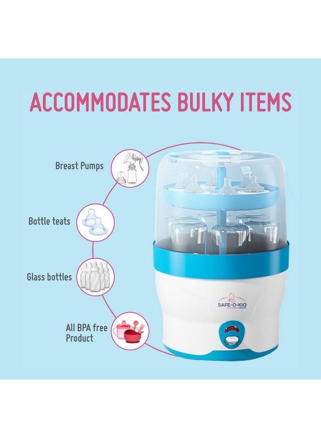 Safe-O-Kid ® 6 Bottles Advanced Sterilizer With 1 Year Manufacturer Warranty, Large Capacity, Steam Sterilizer For Feeding Bottles, Assessories, Breast Pumps, Teats, Bpa Free Products, Auto Shut With Advanced Uniform Heat Distribution Technology To Eliminate 99.9999 (Maximum Possible) Germs (Bacteria,Viruses Etc) - Blue - Image 2
