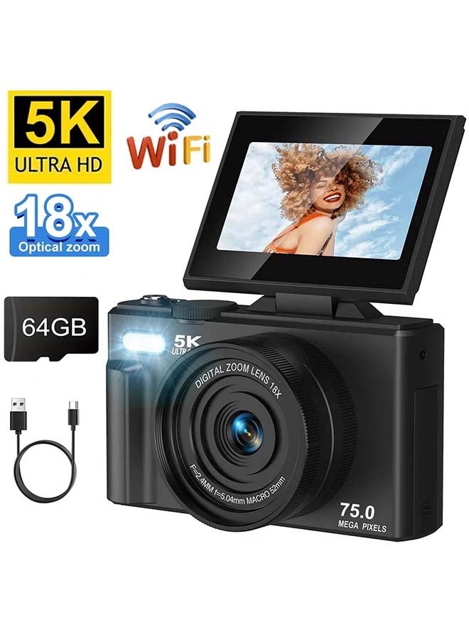 Generic 5K Digital Camera for Photography, 75MP Vlogging Camera for YouTube with 3" 180° Flip Screen, 18X Digital Zoom Point and Shoot Camara with 64GB Micro SD Card for Beginner - Image 1
