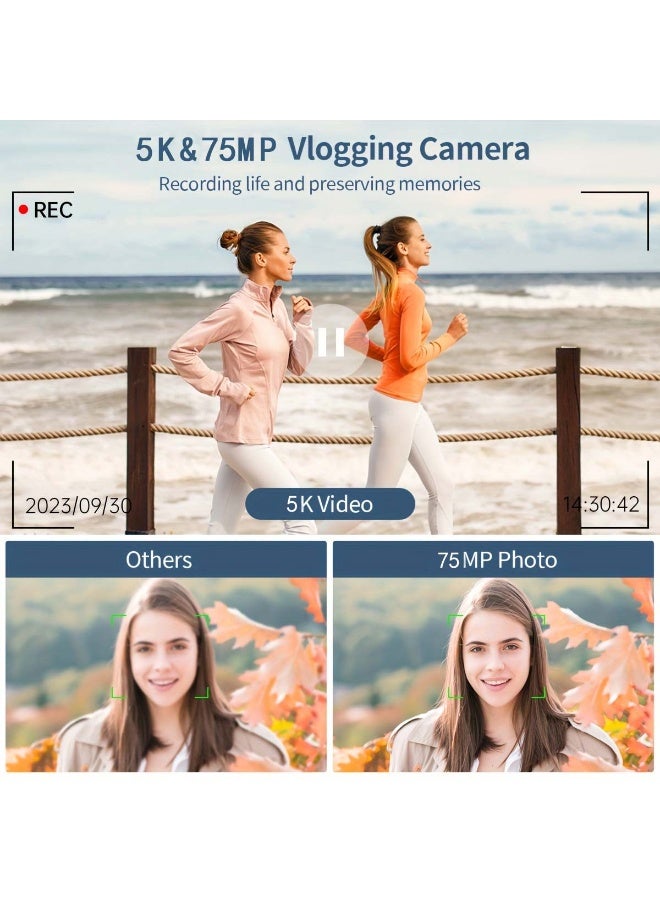 Generic 5K Digital Camera for Photography, 75MP Vlogging Camera for YouTube with 3" 180° Flip Screen, 18X Digital Zoom Point and Shoot Camara with 64GB Micro SD Card for Beginner - Image 3