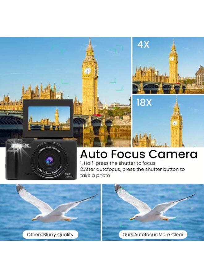 Generic 5K Digital Camera for Photography, 75MP Vlogging Camera for YouTube with 3" 180° Flip Screen, 18X Digital Zoom Point and Shoot Camara with 64GB Micro SD Card for Beginner - Image 2