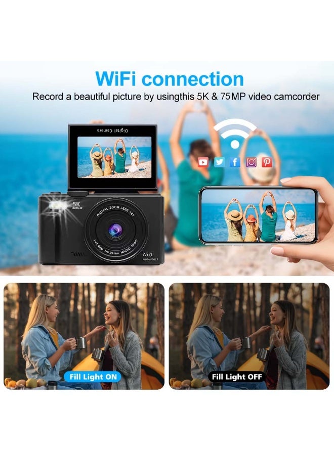 Generic 5K Digital Camera for Photography, 75MP Vlogging Camera for YouTube with 3" 180° Flip Screen, 18X Digital Zoom Point and Shoot Camara with 64GB Micro SD Card for Beginner - Image 5