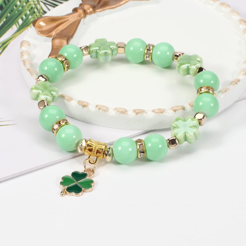 Lonext St.Patrickâ€™s Day Bracelets for Women Lucky Leaf Shamrock Charm Bracelet Green Beaded Stretch Bracelet - Image 4