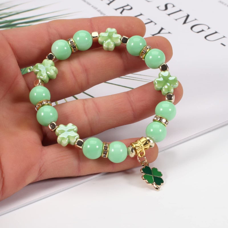 Lonext St.Patrickâ€™s Day Bracelets for Women Lucky Leaf Shamrock Charm Bracelet Green Beaded Stretch Bracelet - Image 2