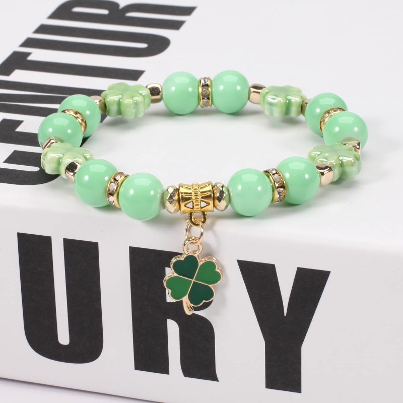 Lonext St.Patrickâ€™s Day Bracelets for Women Lucky Leaf Shamrock Charm Bracelet Green Beaded Stretch Bracelet - Image 3
