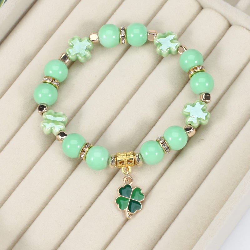 Lonext St.Patrickâ€™s Day Bracelets for Women Lucky Leaf Shamrock Charm Bracelet Green Beaded Stretch Bracelet - Image 5