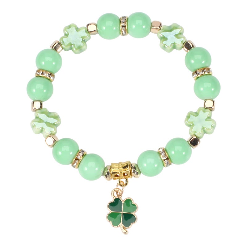 Lonext St.Patrickâ€™s Day Bracelets for Women Lucky Leaf Shamrock Charm Bracelet Green Beaded Stretch Bracelet - Image 1