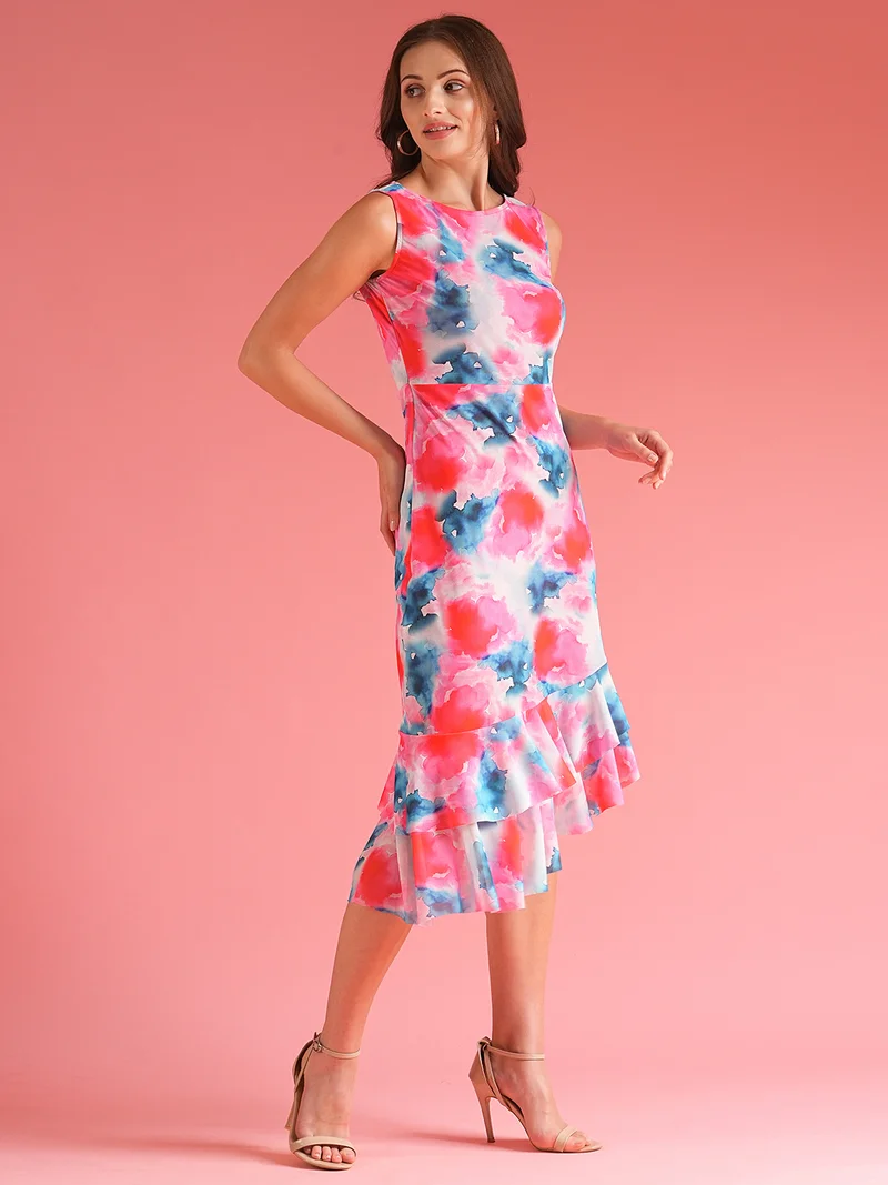 جلو باص فستان سهرة ميدي بودي كون من جلوبس بتفاصيل كشكش وحافة غير متماثلة