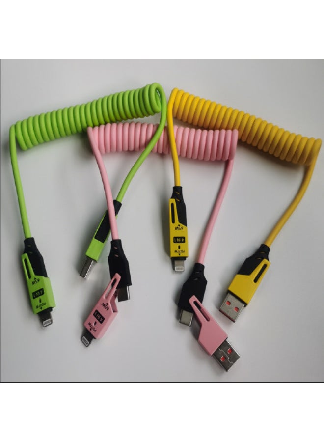 Spring Loaded Dual To Dual Car Charging Cable Fast Charge PD65W Data Line For Apple Huawei Yellow PC+ABS Material TYPE-C Lightning Interface-Model:Spring Mecha Four-in-one Data Cable (green) Pearlescent Bag