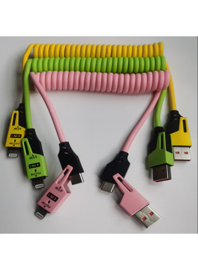 Spring Loaded Dual To Dual Car Charging Cable Fast Charge PD65W Data Line For Apple Huawei Yellow PC+ABS Material TYPE-C Lightning Interface-Model:Spring Mecha Four-in-one Data Cable (green) Pearlescent Bag