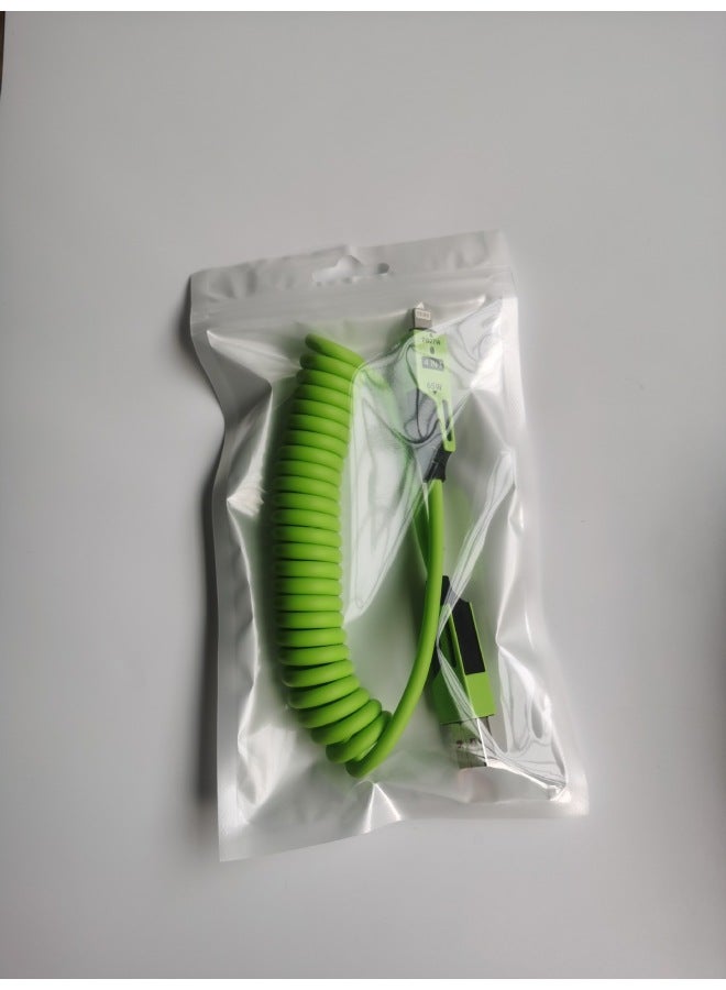 Spring Loaded Dual To Dual Car Charging Cable Fast Charge PD65W Data Line For Apple Huawei Yellow PC+ABS Material TYPE-C Lightning Interface-Model:Spring Mecha Four-in-one Data Cable (green) Pearlescent Bag