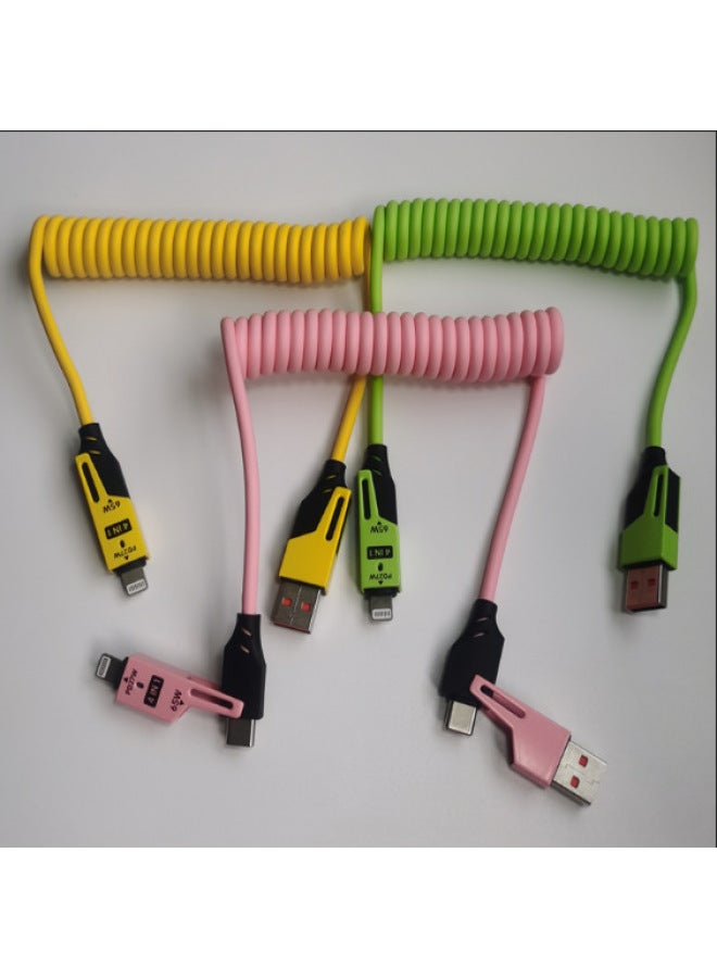 Spring Loaded Dual To Dual Car Charging Cable Fast Charge PD65W Data Line For Apple Huawei Yellow PC+ABS Material TYPE-C Lightning Interface-Model:Spring Mecha Four-in-one Data Cable (green) Pearlescent Bag