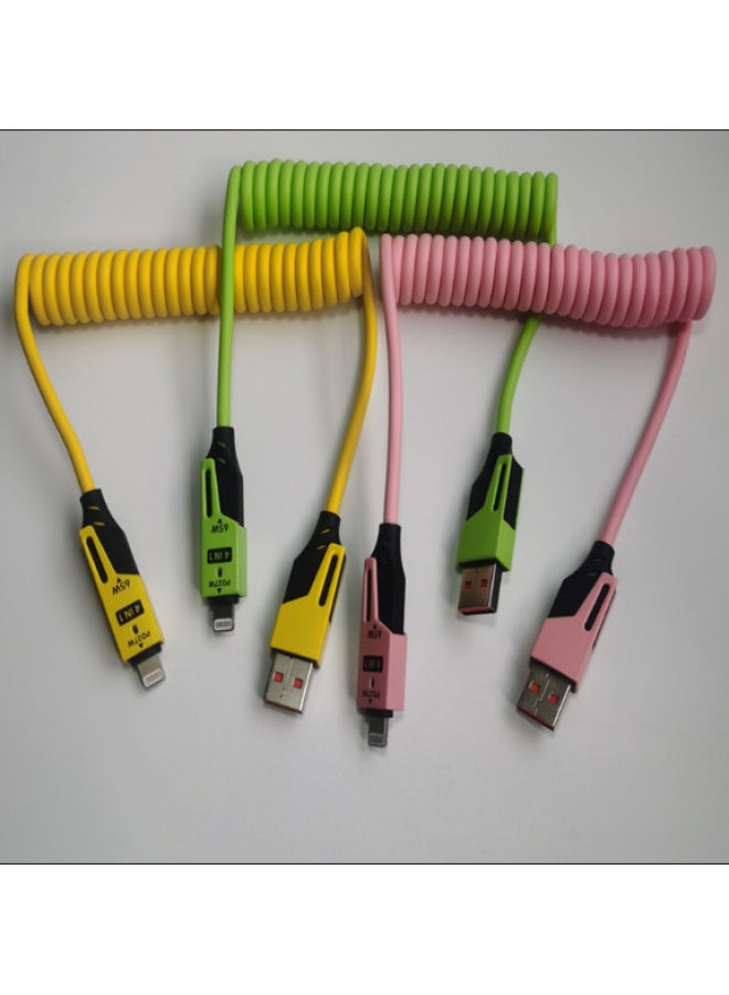 Spring Loaded Dual To Dual Car Charging Cable Fast Charge PD65W Data Line For Apple Huawei Yellow PC+ABS Material TYPE-C Lightning Interface-Model:Spring Mecha Four-in-one Data Cable (green) Pearlescent Bag