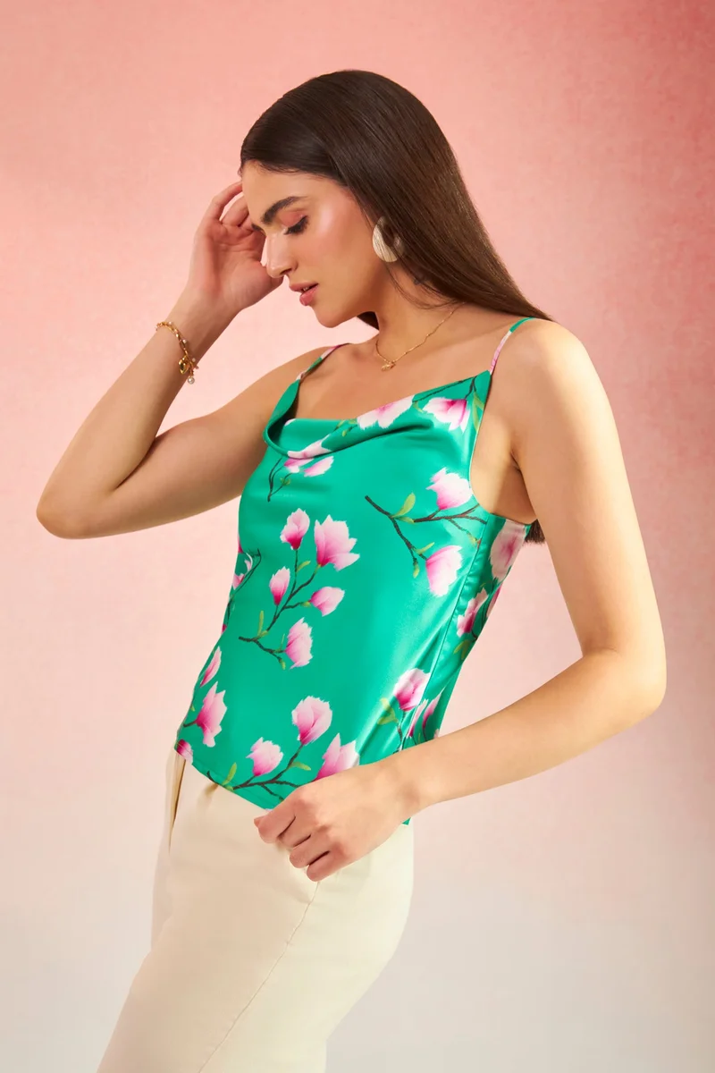 فيرجيو Satin Floral Vacation Cowl Neck Satin Tops for Women