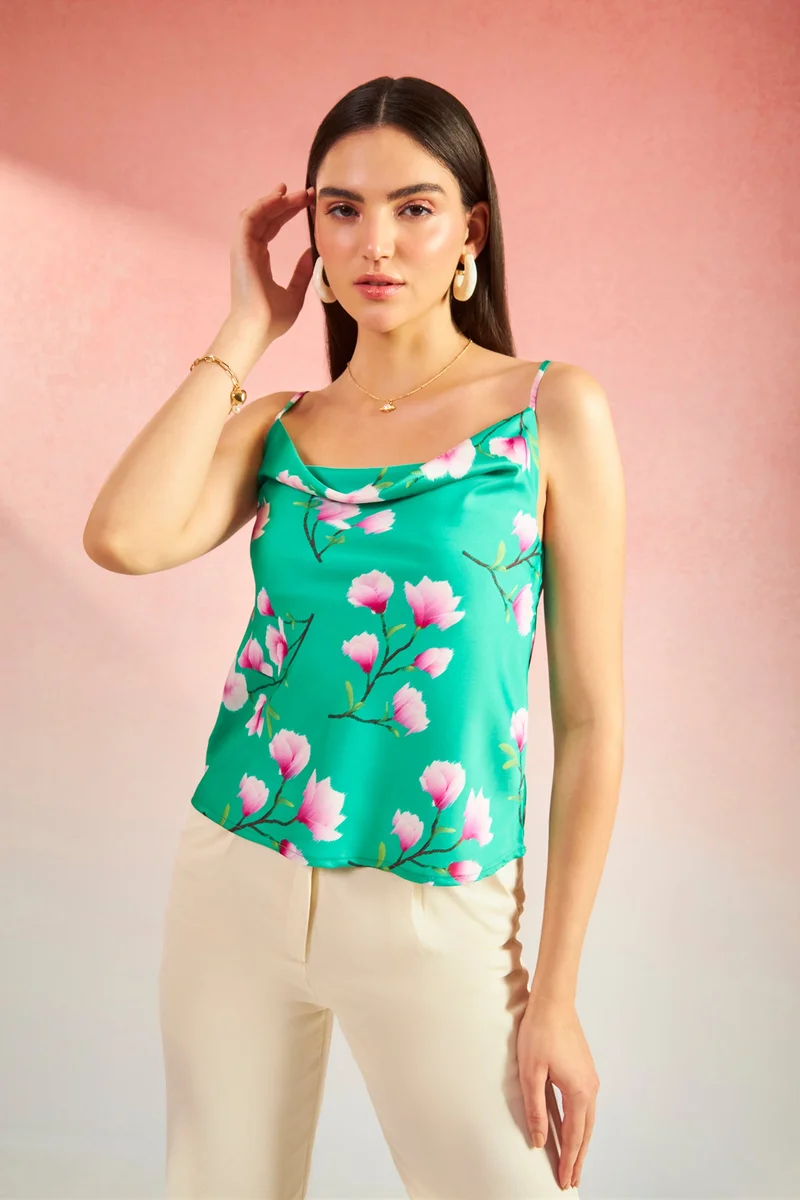 فيرجيو Satin Floral Vacation Cowl Neck Satin Tops for Women