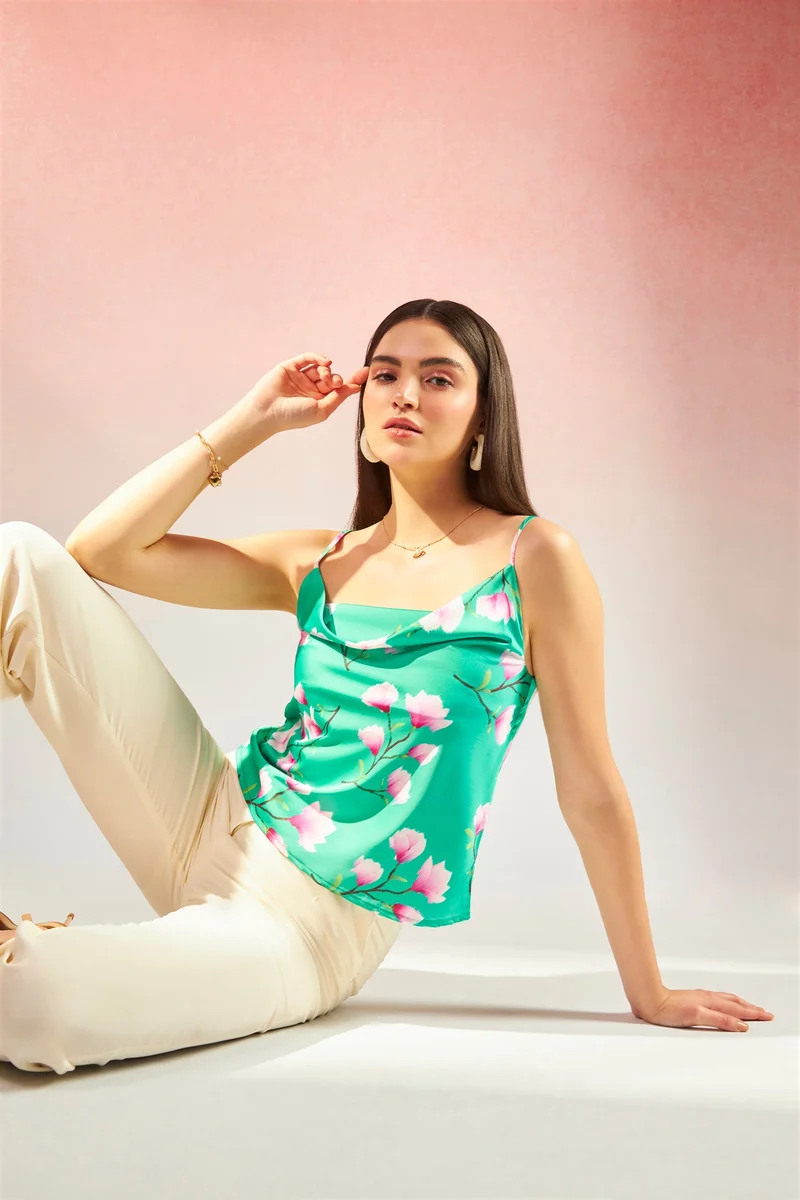 Virgio Satin Floral Vacation Cowl Neck Satin Tops for Women