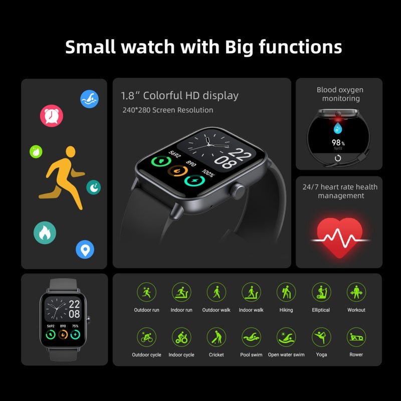 Smart Watch: 1.8Inch Full Touch Screen, IP68 Waterproof - 100 Sports Modes, Health Monitoring & Smart Reminders for Daily Life, Sports Enthusiasts - Image 2