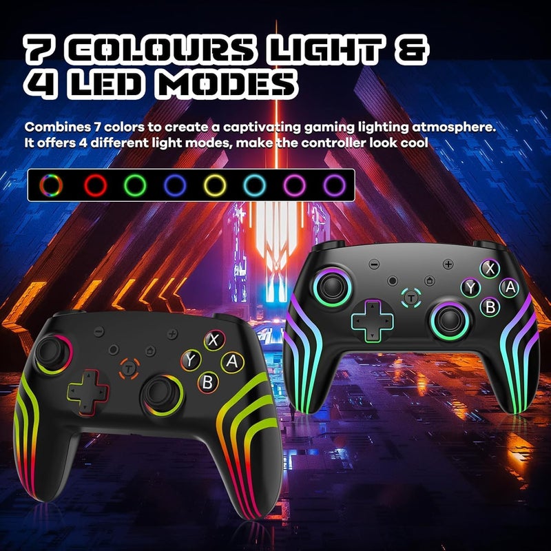 JUSTADIL Wireless Pro Controller for Switch/Switch 2/Lite/OLED/PC, Gamepad with 7 Color Changing RGB Lighting/Dual Vibration/6 Axis Gyroscope/Turbo, Ergonomically Designed Precise Joystick (Black) - Image 2