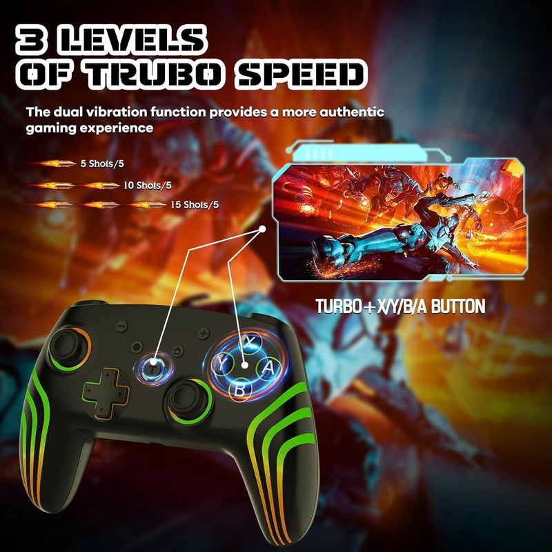 JUSTADIL Wireless Pro Controller for Switch/Switch 2/Lite/OLED/PC, Gamepad with 7 Color Changing RGB Lighting/Dual Vibration/6 Axis Gyroscope/Turbo, Ergonomically Designed Precise Joystick (Black) - Image 5