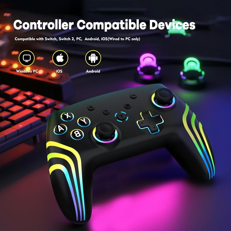 JUSTADIL Wireless Pro Controller for Switch/Switch 2/Lite/OLED/PC, Gamepad with 7 Color Changing RGB Lighting/Dual Vibration/6 Axis Gyroscope/Turbo, Ergonomically Designed Precise Joystick (Black) - Image 3