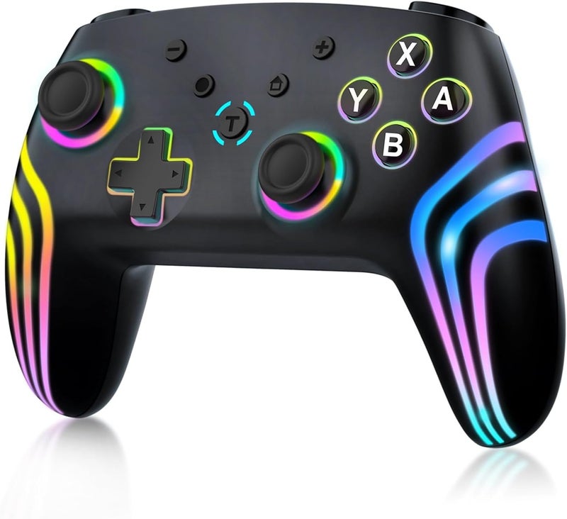 JUSTADIL Wireless Pro Controller for Switch/Switch 2/Lite/OLED/PC, Gamepad with 7 Color Changing RGB Lighting/Dual Vibration/6 Axis Gyroscope/Turbo, Ergonomically Designed Precise Joystick (Black) - Image 1