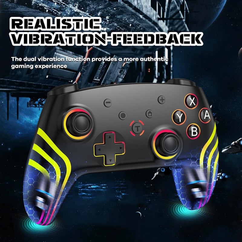 JUSTADIL Wireless Pro Controller for Switch/Switch 2/Lite/OLED/PC, Gamepad with 7 Color Changing RGB Lighting/Dual Vibration/6 Axis Gyroscope/Turbo, Ergonomically Designed Precise Joystick (Black) - Image 4